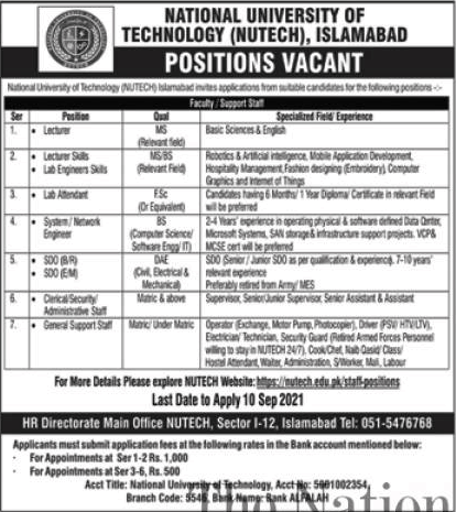 NUTECH University Islamabad Jobs August 2021 National University of Technology Latest