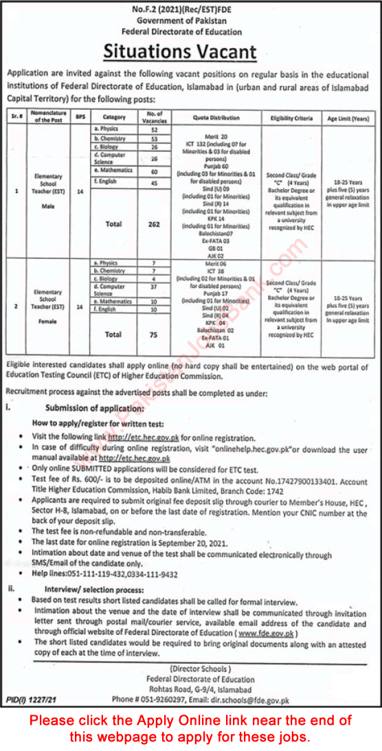 Elementary School Teacher Jobs in Federal Directorate of Education August 2021 September Apply Online FDE EST Latest