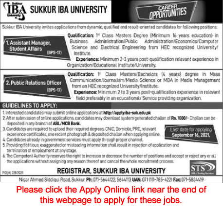 Sukkur IBA University Jobs August 2021 September Online Apply Assistant Manager & Public Relations Officer Latest