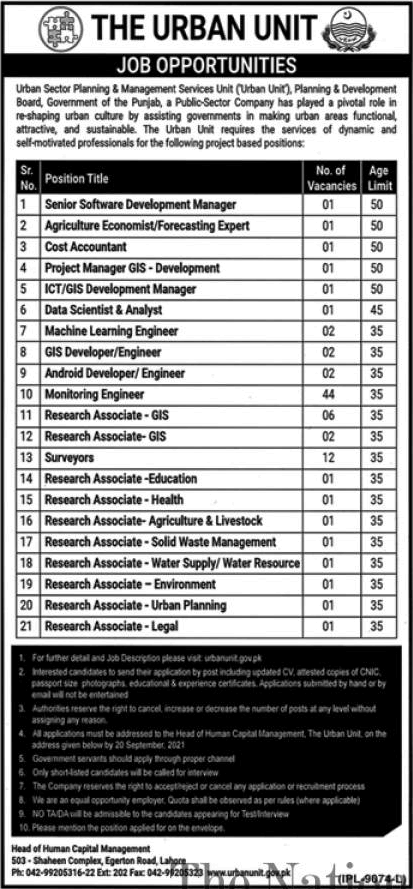 The Urban Unit Punjab Jobs September 2021 Monitoring Engineers, Research Associates & Others Latest