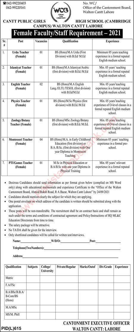 Cantt Public Girls High School Cambridge Campus Lahore Jobs September 2021 for Teachers Latest