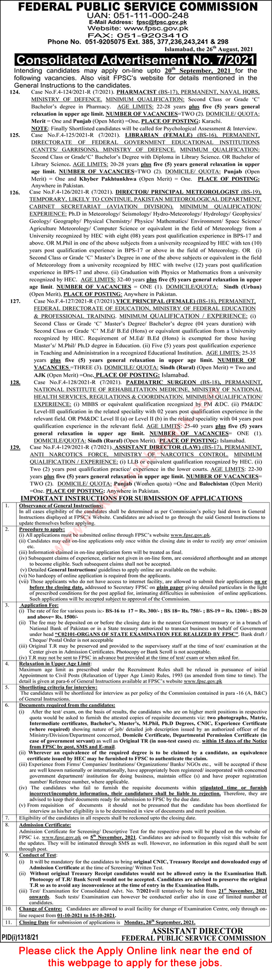 FPSC Jobs September 2021 Apply Online Consolidated Advertisement No 07/2021 7/2021 Latest