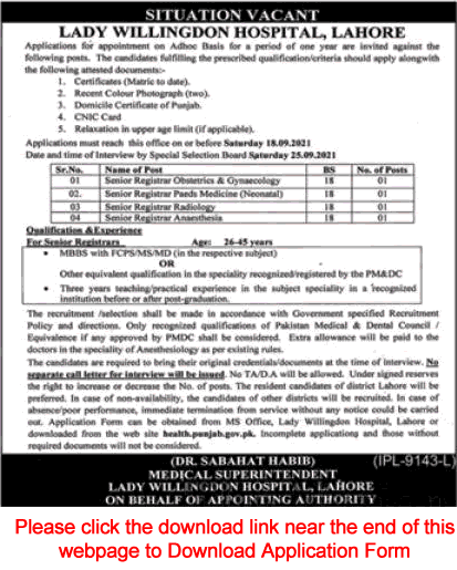 Lady Willingdon Hospital Lahore Jobs September 2021 for Senior Registrars Application Form Latest