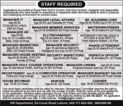 Royal Palm Golf and Country Club Lahore Jobs September 2021 Managers, Internees & Others Latest