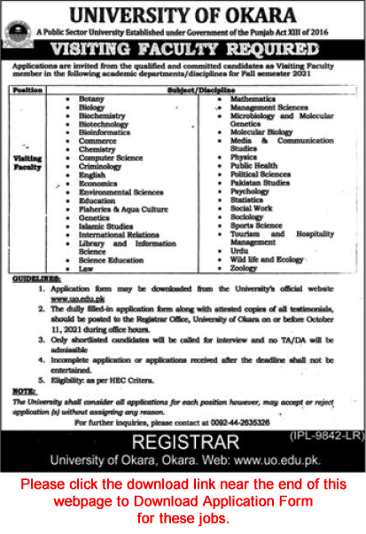 Visiting Faculty Jobs in University of Okara September 2021 Application Form Download Latest