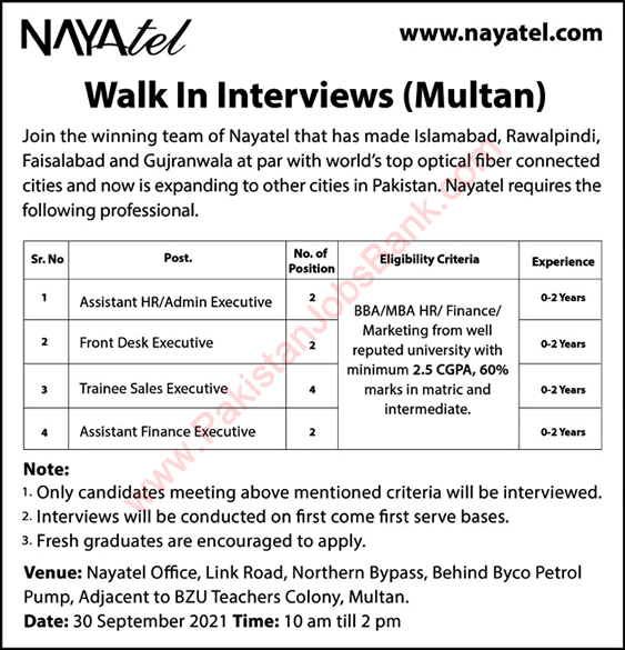 Nayatel Jobs September 2021 Multan Walk in Interviews Trainee Sales Executives & Others Latest