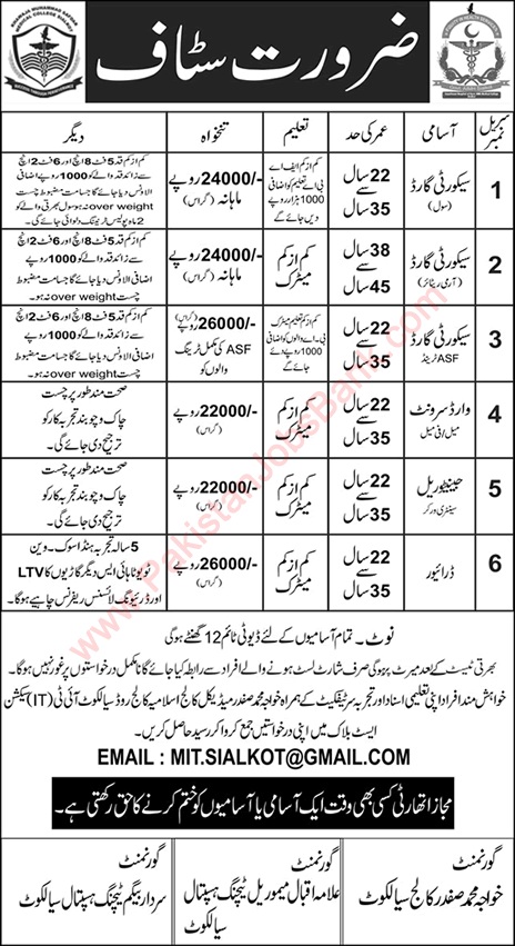 Khawaja Muhammad Safdar Medical College Sialkot Jobs 2021 September Security Guards, Ward Servants & Others Latest