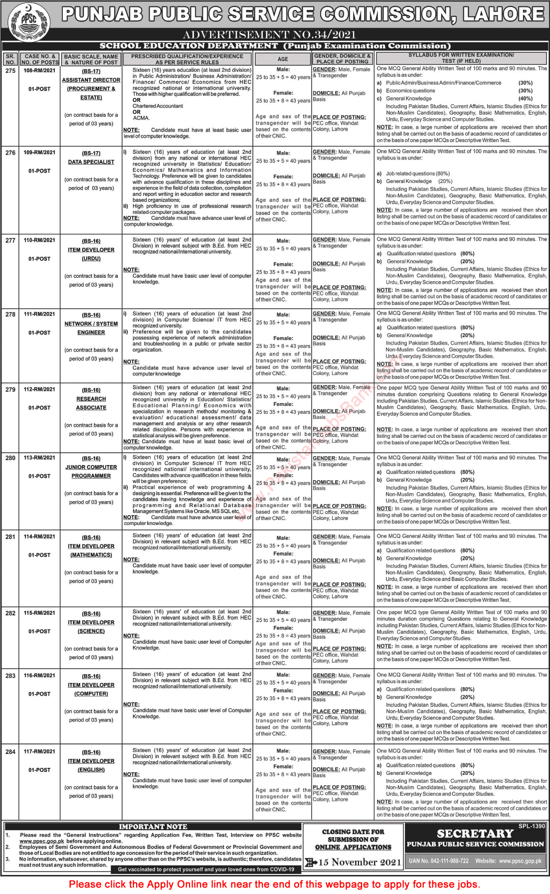 School Education Department Punjab Jobs October 2021 November PPSC Online Apply Latest