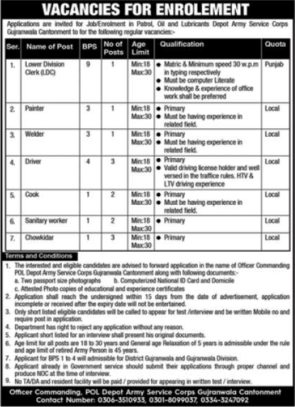 POL Depot ASC Gujranwala Cantt Jobs 2021 November Drivers, Chowkidar & Others Pakistan Army Latest