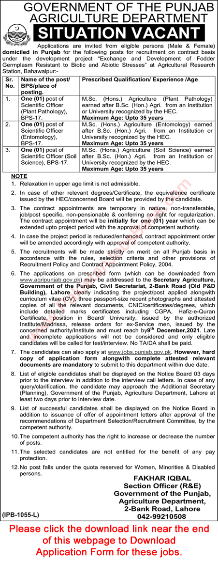 Scientific Officer Jobs in Agriculture Department Punjab November 2021 Online Application Form Latest