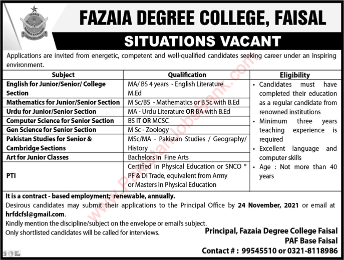 Fazaia Degree College Faisal Karachi Jobs November 2021 Teaching Faculty & PTI Latest