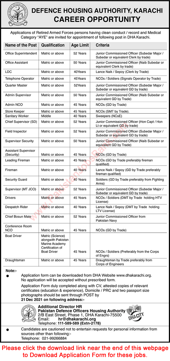 DHA Karachi Jobs December 2021 Application Form Defence Housing Authority Latest