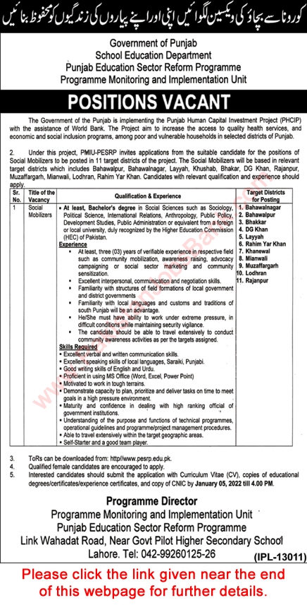 Social Mobilizer Jobs in Special Education Department Punjab December 2021 PMIU PESRP Latest