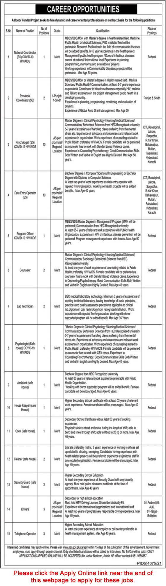 National TB Control Program Jobs December 2021 Apply Online Data Entry Operators, Psychologists & Others Latest