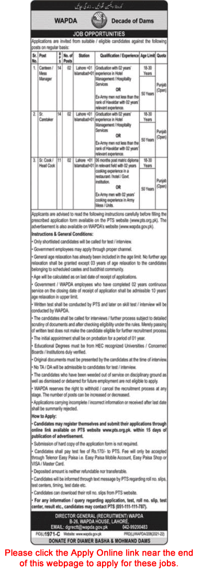 WAPDA Jobs 2022 PTS Apply Online Caretaker, Cooks & Mess Managers Latest