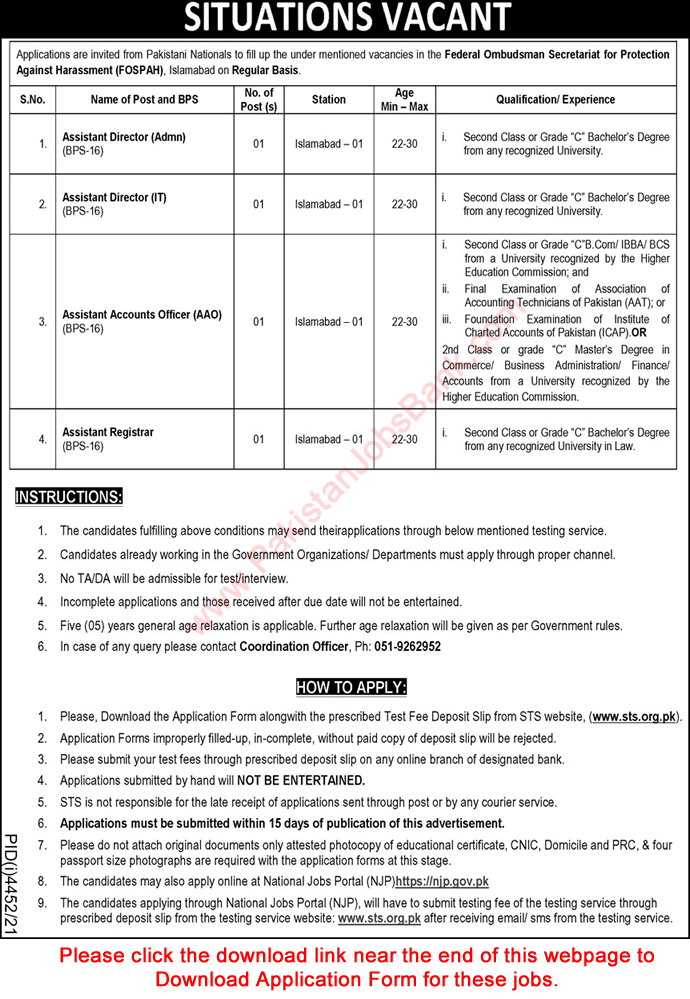 Federal Ombudsman Secretariat Islamabad Jobs 2022 STS Application Form Assistant Directors & Others Latest