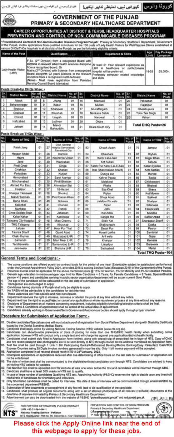 Lady Health Visitor Jobs in Health Department Punjab 2022 NTS Apply Online DHQ / THQ Hospitals Latest