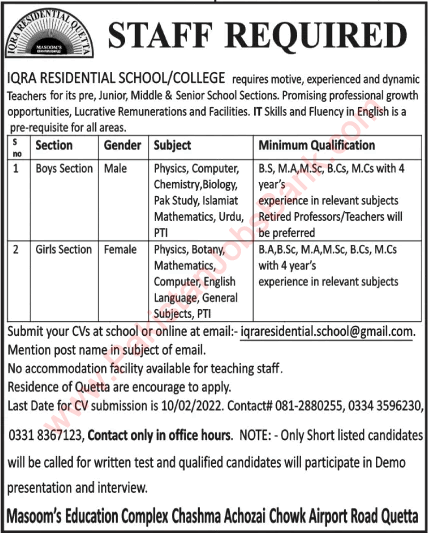 Teaching Jobs in Iqra Residential School / College Quetta 2022 Latest