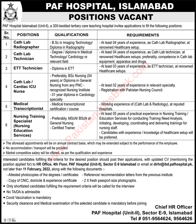 PAF Hospital Islamabad Jobs 2022 February Medical Technicians, Nurses & Others Latest