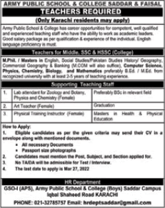 Army Public School and College Karachi Jobs March 2022 Teachers & Others APS&C Latest