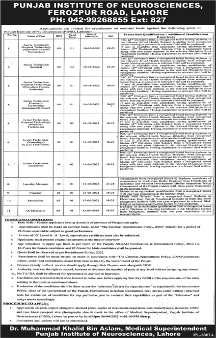 Punjab Institute of Neurosciences Lahore Jobs 2022 March PINS Medical Technicians & Others Latest