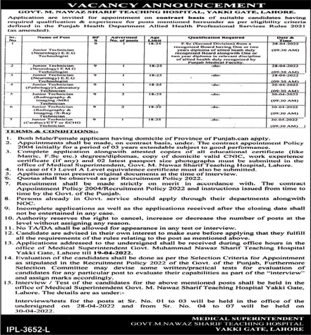 Medical Technician Jobs in Nawaz Sharif Hospital Lahore 2022 April Latest