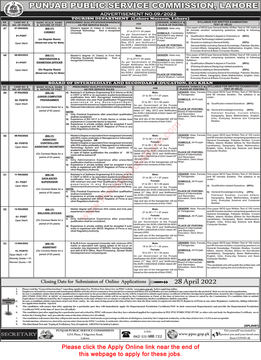 PPSC Jobs April 2022 Online Apply Advertisement No 9/2022 09/2022 Latest