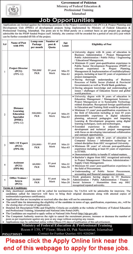 Ministry of Federal Education and Professional Training Islamabad Jobs April 2022 Apply Online Latest