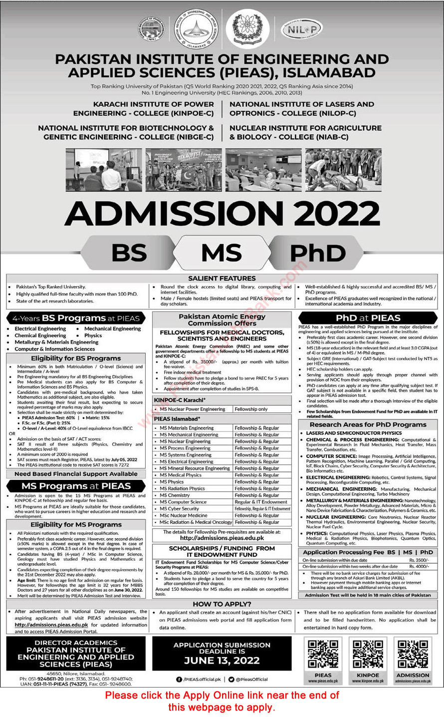 PIEAS Fellowships 2022 April MS / Postgraduate Programs for Engineers, Scientists & Doctors in PAEC KINPOE Apply Online Latest