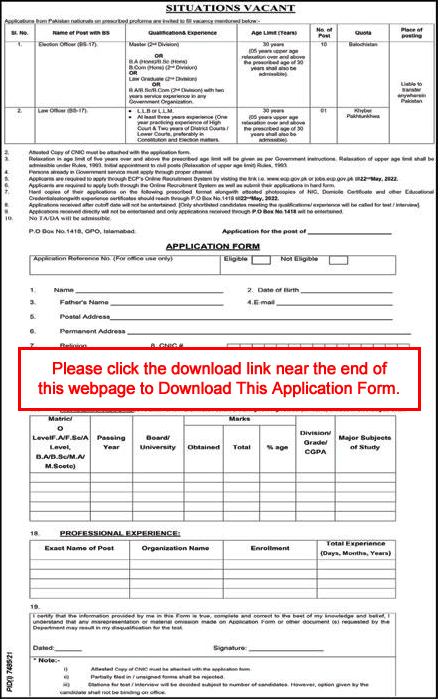 PO Box 1418 GPO Islamabad Jobs April 2022 Online Application Form Election Officers & Law Officer Election Commission of Pakistan Latest