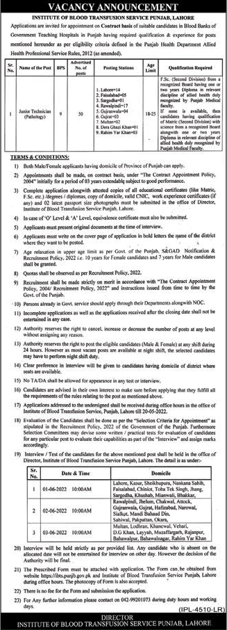 Pathology / Junior Technician Jobs in Institute of Blood Transfusion Services Punjab April 2022 Latest