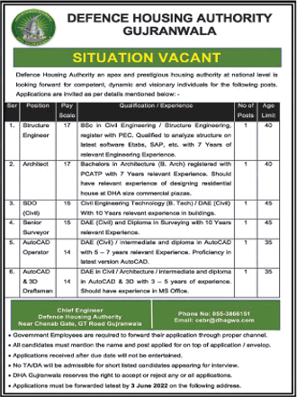 DHA Gujranwala Jobs May 2022 Auto CAD Operator, Surveyor & Others Defence Housing Authority Latest