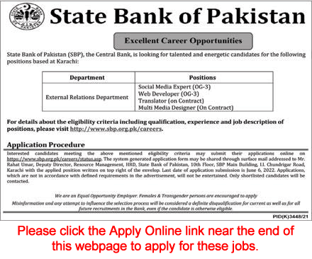 State Bank of Pakistan Jobs May 2022 Apply Online Web Developer, Social Medical Expert & Others Latest