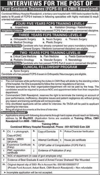 CMH Rawalpindi FCPS Postgraduate Trainee Jobs 2022 May Combined Military Hospital Latest