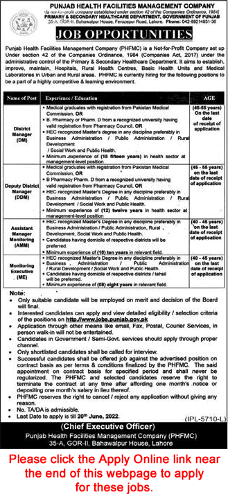 Punjab Health Facilities Management Company Jobs June 2022 PHFMC Apply Online District Managers & Others Latest