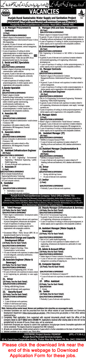 Punjab Rural Municipal Services Company Jobs July 2022 Application Form PRSWSSP PRMSC Latest