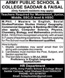 Army Public School and College Karachi Jobs July 2022 Teachers at Saddar & Faisal Campus Latest