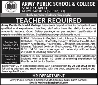Army Public School and College Malir Cantt Karachi Jobs July for Teachers APS&C Latest