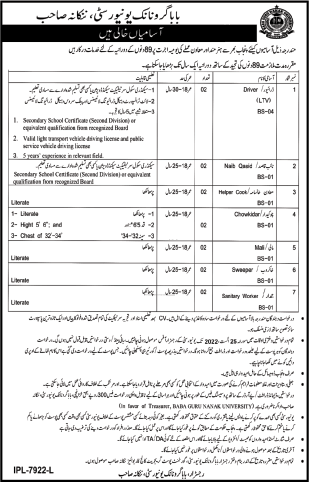 Baba Guru Nanak University Nankana Sahib Jobs 2022 August Drivers, Naib Qasid, Chowkidar & Others Latest