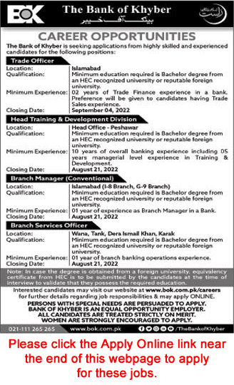 Bank of Khyber Jobs August 2022 Apply Online Branch Services Officers & Others Latest