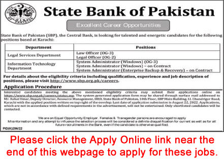 State Bank of Pakistan Jobs August 2022 Apply Online Law / Legal Officer & System Administrators Latest
