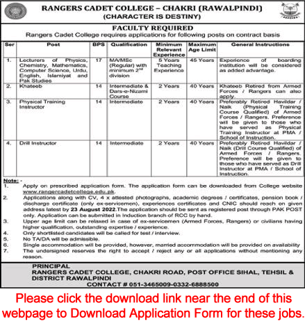 Rangers Cadet College Chakri Rawalpindi Jobs August 2022 Application Form Latest