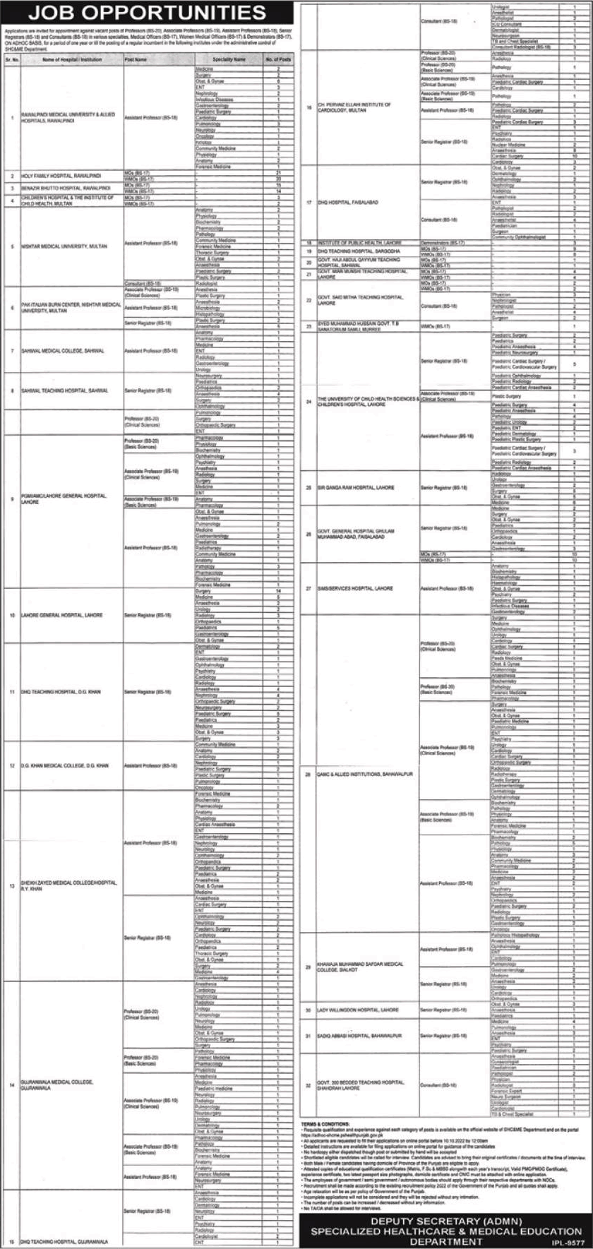 Specialized Healthcare and Medical Education Department Punjab Jobs September 2022 Medical Officers & Others Latest