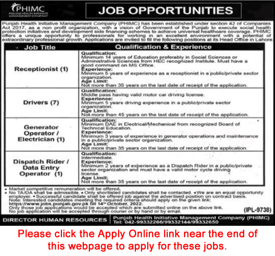 Punjab Health Initiative Management Company Jobs September 2022 PHIMC Online Apply Latest