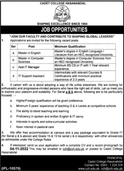 Cadet College Hasanabdal Jobs October 2022 IT Support Assistant, IT Manager & Others Latest