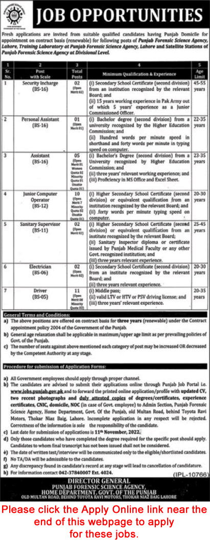 Punjab Forensic Science Agency Jobs October 2022 Online Apply PFSA Drivers, Computer Operators & Others Latest