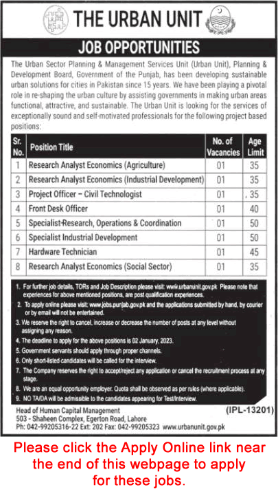 The Urban Unit Lahore Jobs December 2022 Apply Online Research Analysts, Project Officer & Others Latest