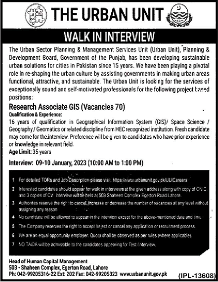Research Associate Jobs in The Urban Unit Punjab December 2022 Walk in Interview Latest