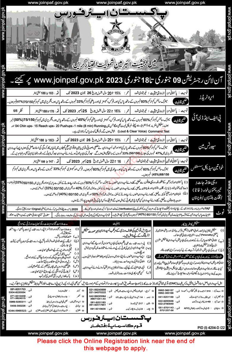 Pakistan Air Force Jobs 2023 Online Registration Join as Aero Trades, PF&DI, Sportsman & Medical Assistants Latest