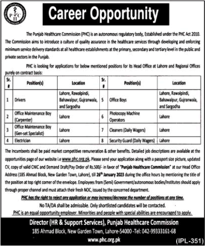PHC Jobs 2023 Punjab Healthcare Commission Office Boys, Drivers & Others Latest